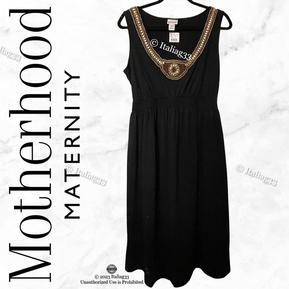 Motherhood Maternity Dress Black Sleeveless & Gold Beaded Neck Embellishment NEW